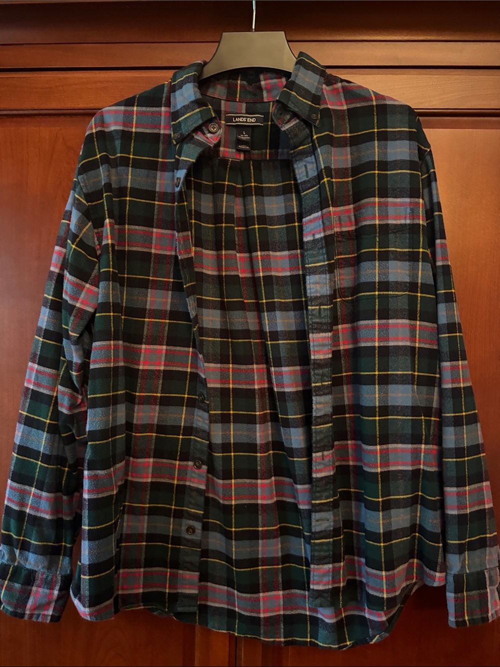 Lands' End Men’s Black Plaid Button-Down Shirt with Blue and Red Accents